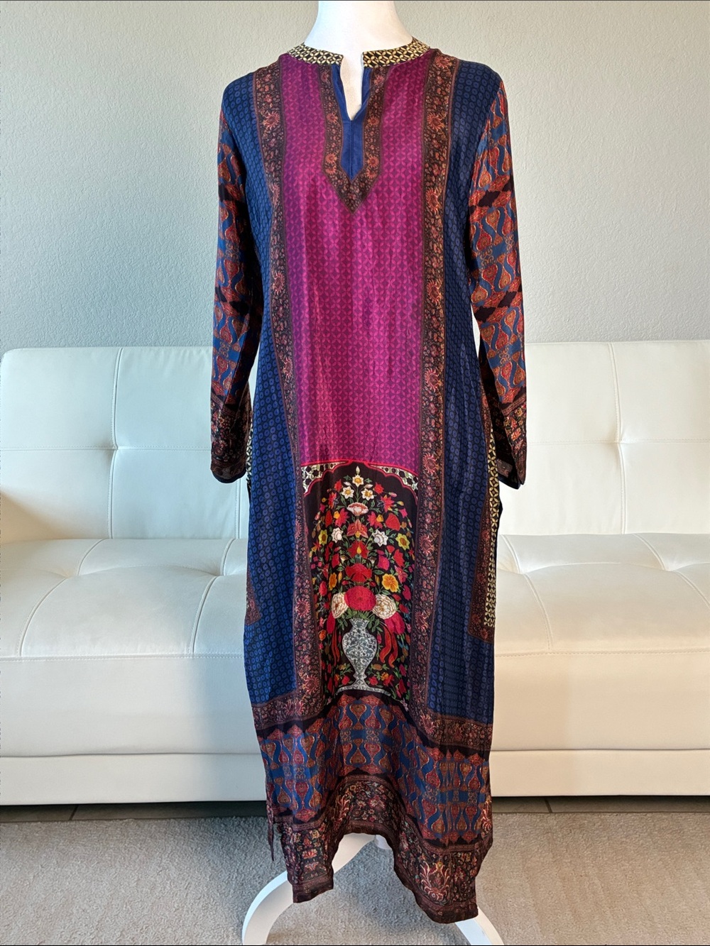 Bohemian Long-Sleeve Floral Panel Maxi Dress in Magenta and Navy